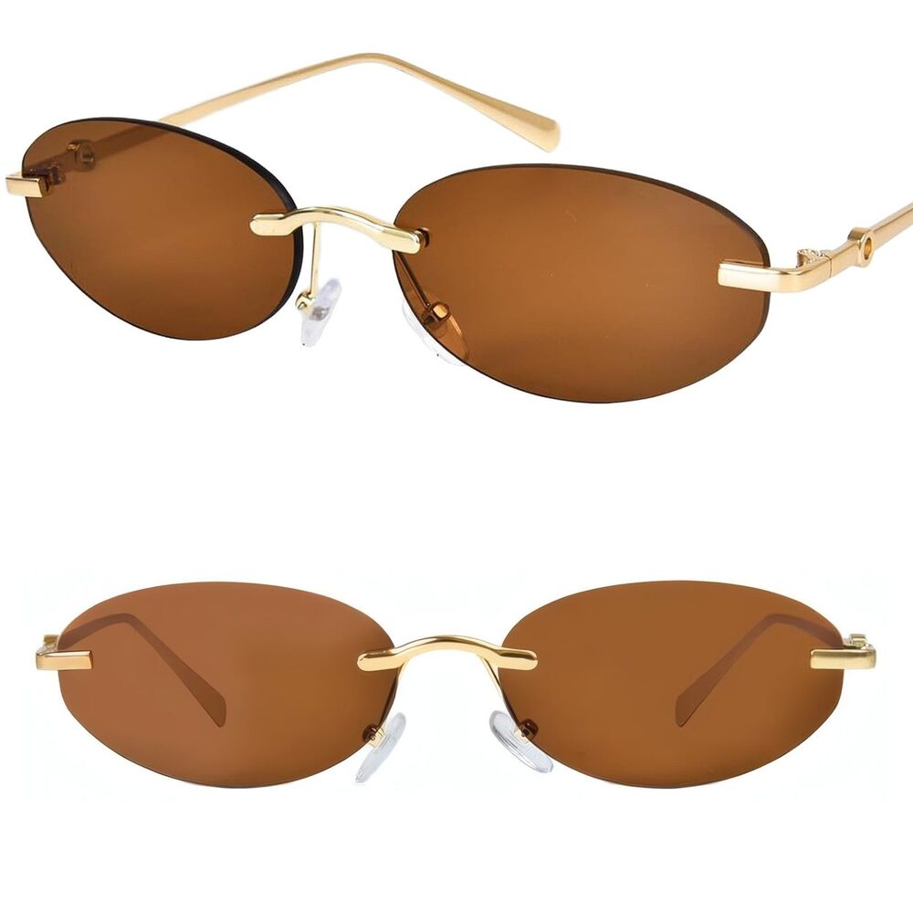 Women's Rimless Oval Sunglasses Brown Lens Gold Metal Frame Chic Retro 90s Style